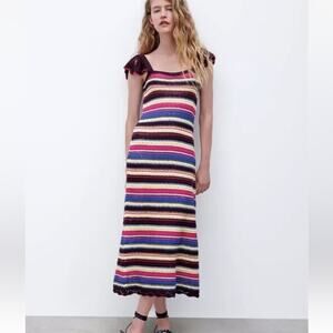 NWT Zara Special Edition Crochet Colorful Flutter Sleeve Maxi Sheer Dress Size S